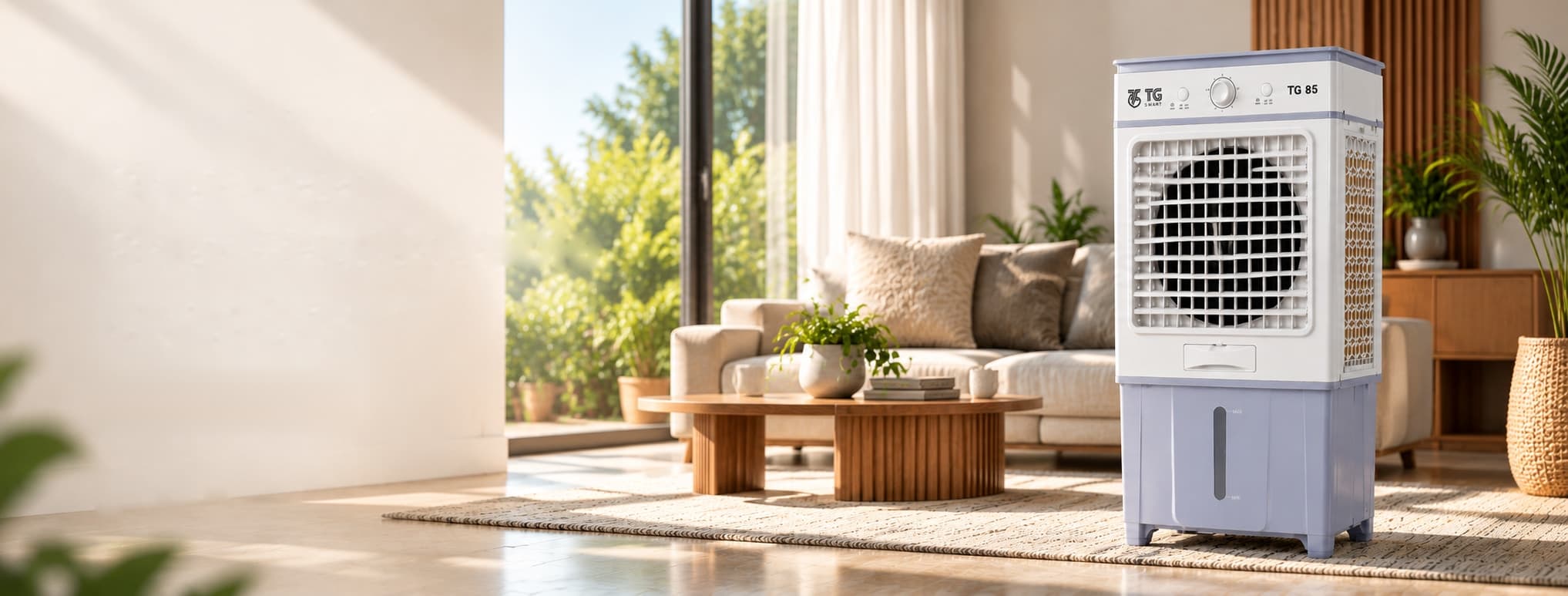 TG SMART 85L desert air cooler in a sunlit modern Indian living room